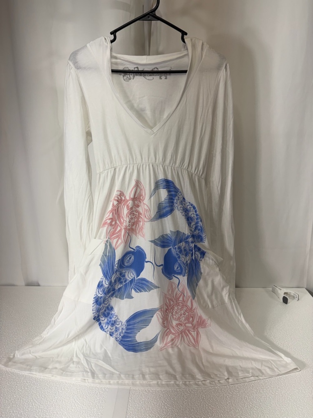 White Midi Dress with Blue & Pink Koi Print 2900